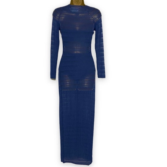 Solace London Dress Navy Blue Maxi Long Semi Sheer Party Xmas Size 8 Bodycon - Picture 7 of 14